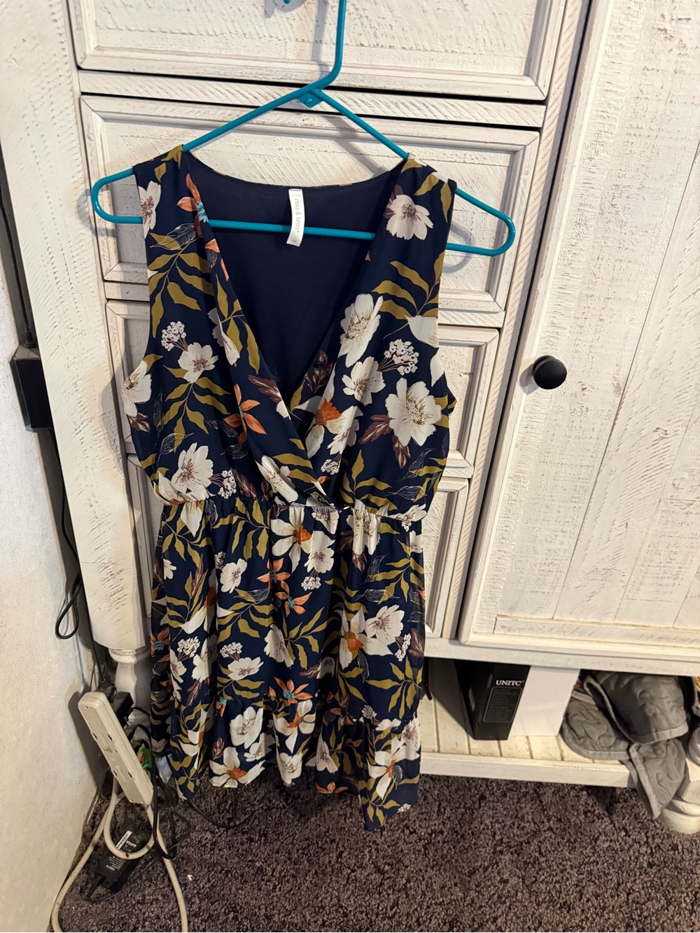 Navy Floral V-Neck Midi Dress